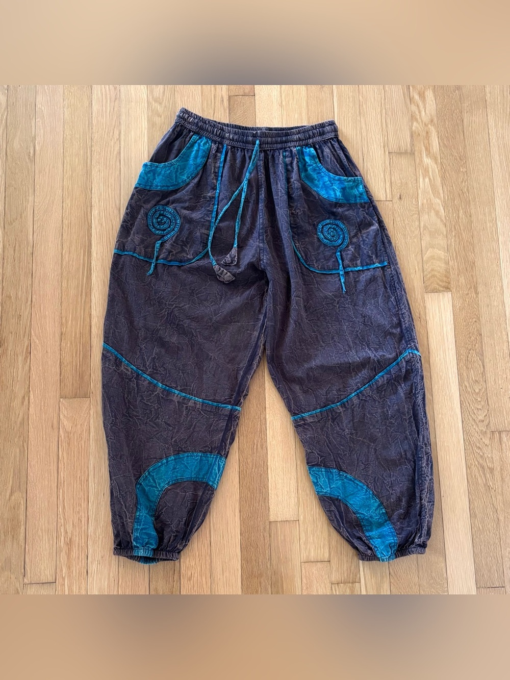 Vintage Kirat One Size Acid Wash Spiral Boho Harem Pants Brown Teal Festival